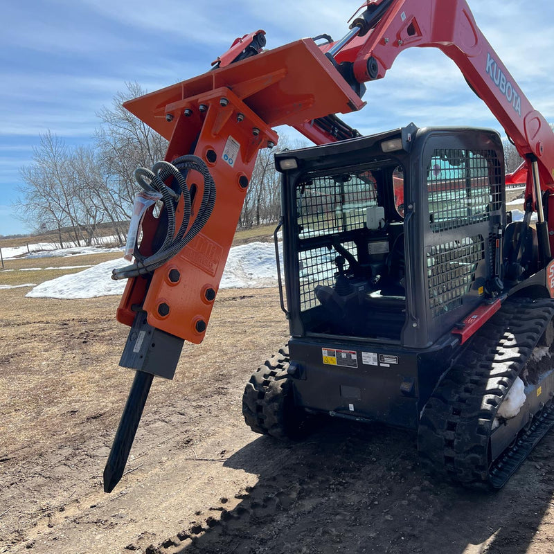 Powerful TMG Industrial 30-70 HP Skid Steer Hydraulic Hammer Breaker with 2” Moil Point Chisel and 350 J Impact Energy - Universal Mount TMG-HB53S