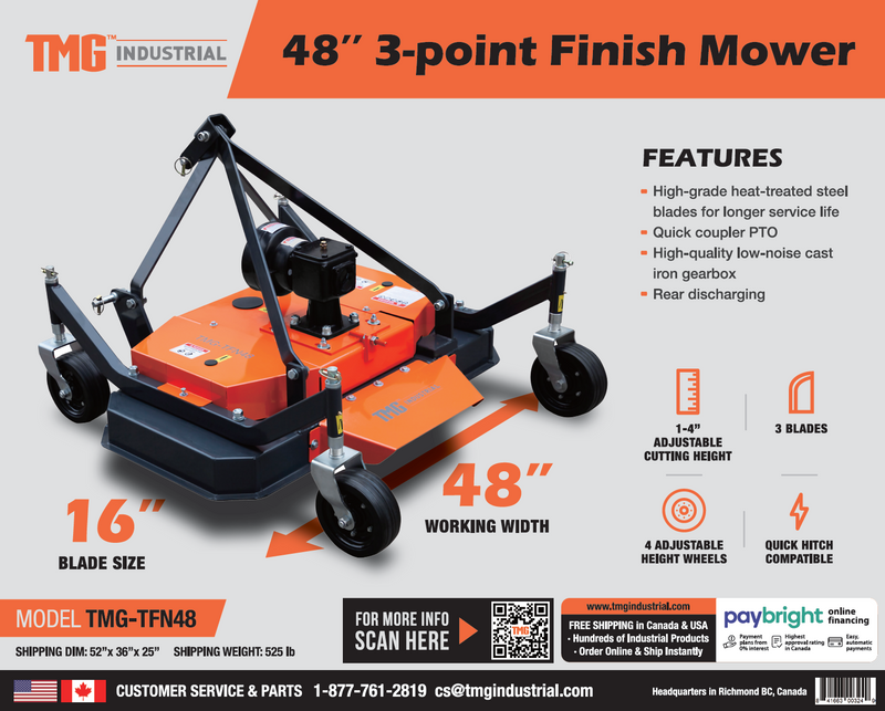 TMG Industrial 48” Tow-Behind Finish Mower for 18-30 HP Compact Tractors - Complete with PTO Drive Shaft (Model: TMG-TFN48)