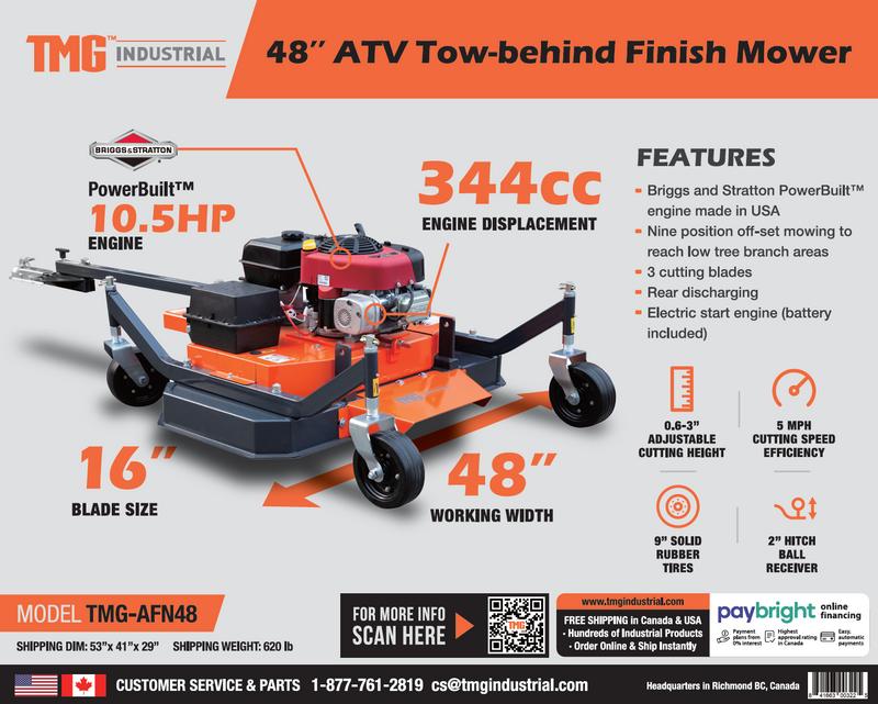 Revitalize Your Lawn with the TMG Industrial 48” ATV Tow-Behind Finish Mower – Powered by Briggs & Stratton 10.5 HP Engine, Model TMG-AFN48!