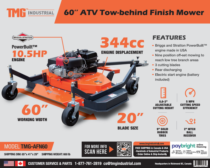 TMG Industrial 60” Heavy-Duty ATV Tow-Behind Finish Mower with Powerful Briggs & Stratton 10.5 HP Engine - Model TMG-AFN60