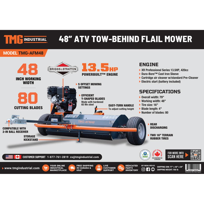 TMG Industrial 48" ATV Tow-Behind Flail Mower with Powerful Briggs & Stratton 13.5 HP Engine – Adjustable Mowing Height & 15" Cutting Width for Effortless Lawn Care!