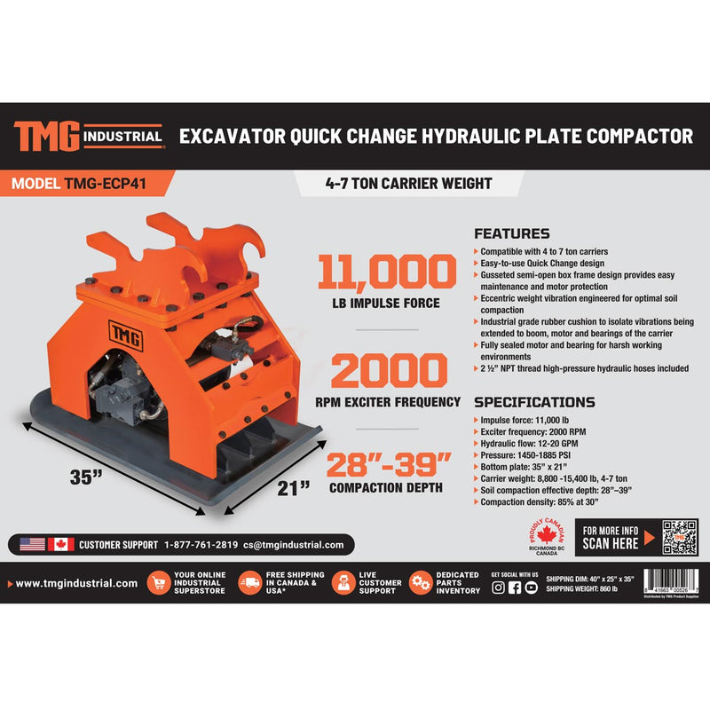 Powerful TMG Industrial 11,000-lb Hydraulic Plate Compactor for 4-7 Ton Excavators – 39” Compaction Capacity, Model TMG-ECP41