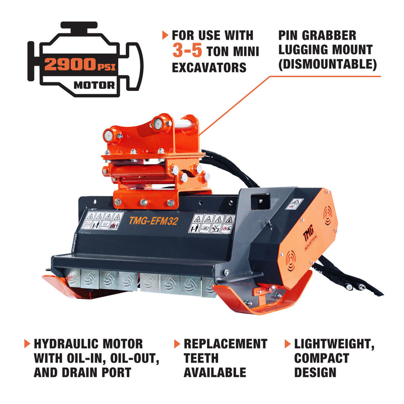 Powerful TMG Industrial 32" Excavator Brush Flail Mower – Ideal for 3 to 5-ton Carriers, 10-16 GPM Flow Rate, Model TMG-EFM32