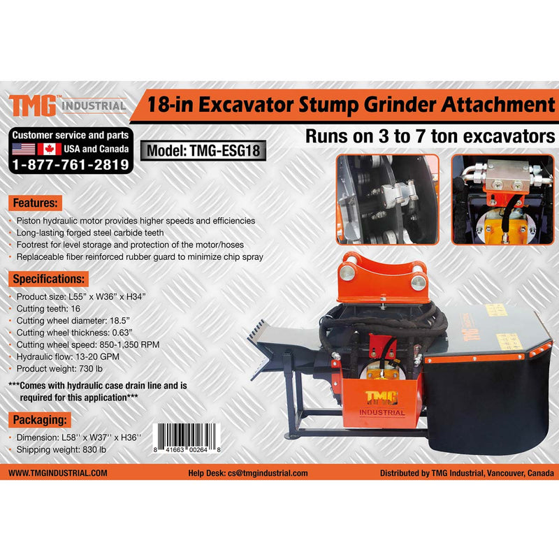 Transform Your Excavator: TMG Industrial 18" Stump Grinder Attachment for 3 to 7-ton Carriers - Efficient 13-20 GPM with Case Drain Line, Model TMG-ESG18