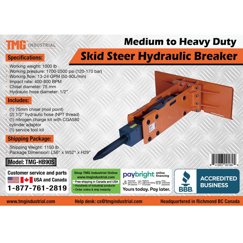 Powerful TMG Industrial Skid Steer Hydraulic Hammer Breaker – 45-100 HP with 3" Moil Point Chisel & 785 J Impact Energy – Versatile Universal Mount, Model TMG-HB90S