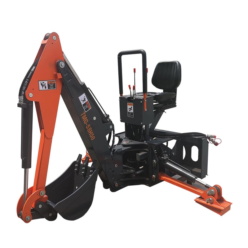 TMG Industrial Swivel Backhoe Attachment for Skid Steers – Includes 16” Bucket, 8’ Digging Depth, and Space-Saving Foldable Stabilizers – Model TMG-SBH50