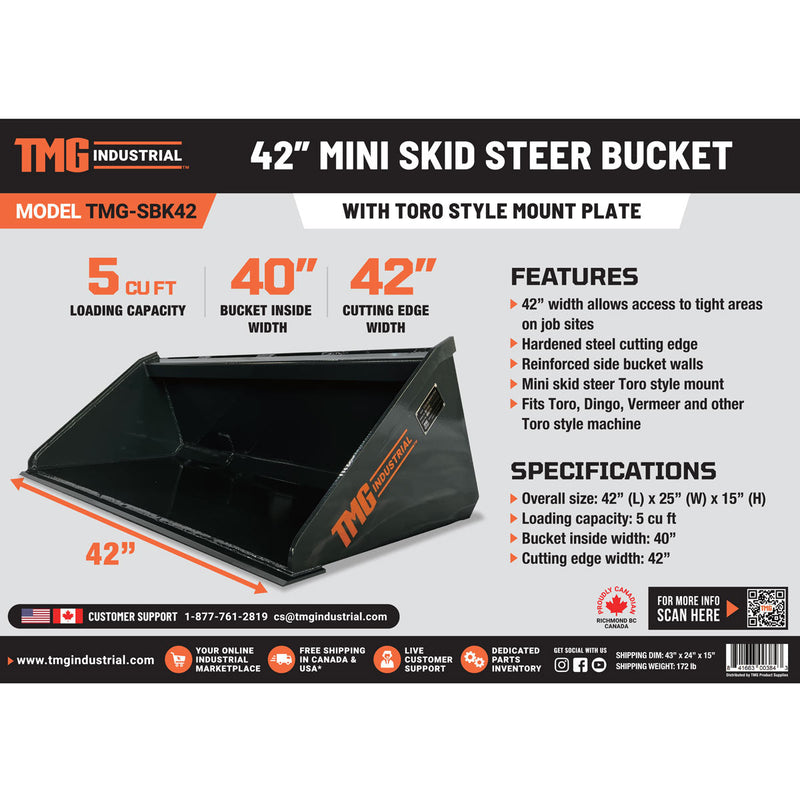 Compact 42” Toro-Style Mini Skid Steer Bucket - 5 Cu-Ft Capacity for Enhanced Performance