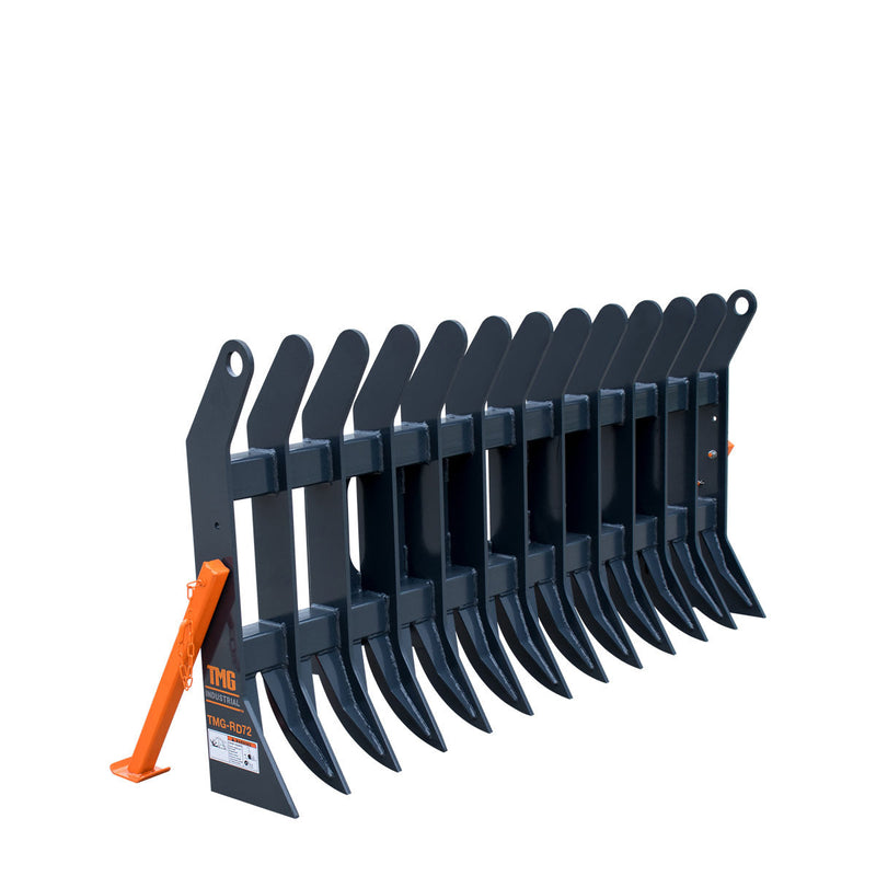 Transform Your Skid Steer with the TMG Industrial 72” Root Debris Rake Attachment - Universal Fit, 6” Tine Spacing, Ideal for 30-50 HP Machines, Model TMG-SDR72