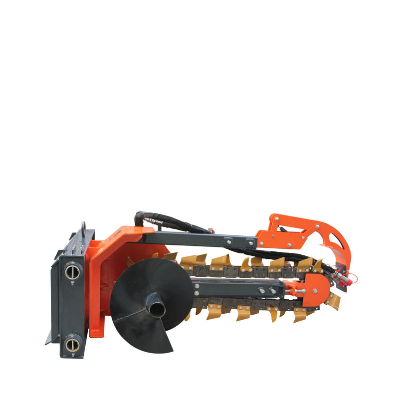 Revolutionary TMG Industrial 36” Side Shift Trencher for Skid Steers - Features 22” Auger Discharge, Powerful Boom & Crumber Assembly, and Durable Earth Tungsten Teeth - Model TMG-SDT36S