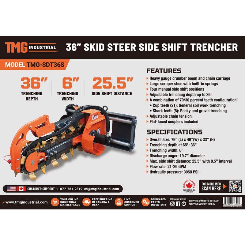 Revolutionary TMG Industrial 36” Side Shift Trencher for Skid Steers - Features 22” Auger Discharge, Powerful Boom & Crumber Assembly, and Durable Earth Tungsten Teeth - Model TMG-SDT36S