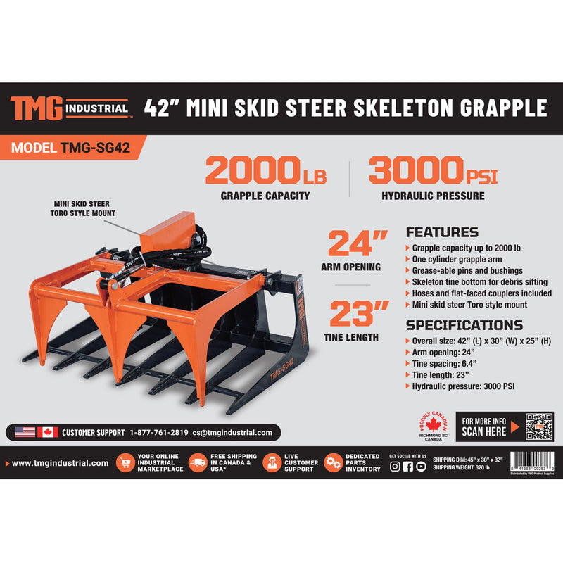 TMG Industrial 42" Mini Skid Steer Skeleton Grapple Attachment - Heavy-Duty Toro Style Mount with 24" Arm Opening and 2000 lb Capacity - TMG-SG42