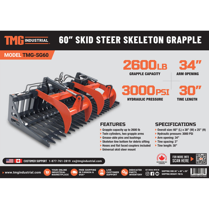 TMG Industrial 60” Heavy-Duty Skeleton Grapple Attachment for Skid Steers - Universal Fit, Wide 34” Arm Opening, 3” Tine Spacing, Robust 2600 lb Capacity - Model TMG-SG60