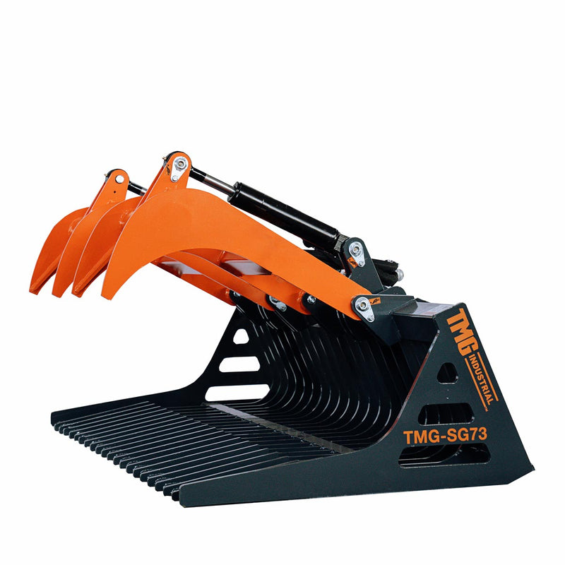 Versatile TMG Industrial 72” Skid Steer Skeleton Grapple Attachment - Universal Mount with 34” Arm Opening, 3” Tine Spacing, and Impressive 2600 lb Weight Capacity - Model TMG-SG73