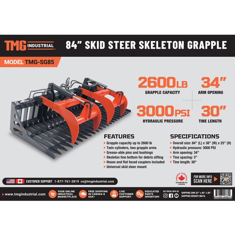 TMG Industrial 84" Heavy-Duty Skid Steer Skeleton Grapple Attachment - Universal Fit, 34" Arm Opening, 3" Tine Spacing, 2600 lb Capacity - TMG-SG85