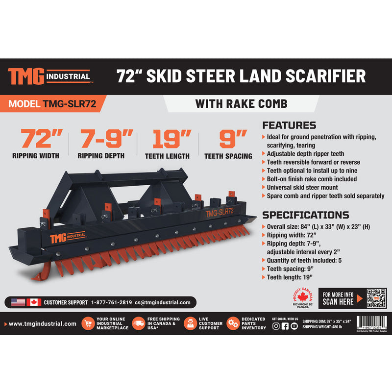 Revolutionize Your Landscaping with the TMG Industrial 72" Multi-Function Skid Steer Land Ripper – Equipped with Rake Comb, Scarifier, Dethatcher, and Adjustable Ripping Teeth for Ultimate Versatility! TMG-SLR72