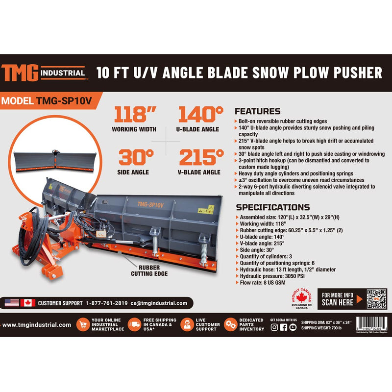 TMG Industrial 10' Heavy-Duty U/V Snowplow with Versatile Reversible Rubber Edges – Perfect for 40-90 HP Tractors! Features 6 Adjustable Positions and Compatible with Category 1 & 2 3-Point Hitch Hookups – TMG-SP10V