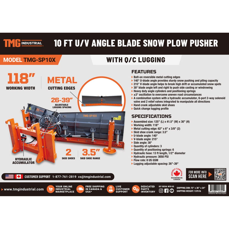 TMG Industrial Heavy-Duty 10’ U/V Angle Blade Snowplow with Metal Edges - Versatile 6 Position Adjustments, Accumulator & Solenoid Valve for Optimal Performance, Quick-Change Lugging Compatible with 40-90 HP Tractors - Model TMG-SP10X