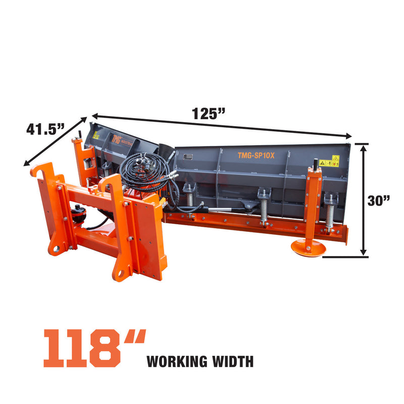 TMG Industrial Heavy-Duty 10’ U/V Angle Blade Snowplow with Metal Edges - Versatile 6 Position Adjustments, Accumulator & Solenoid Valve for Optimal Performance, Quick-Change Lugging Compatible with 40-90 HP Tractors - Model TMG-SP10X