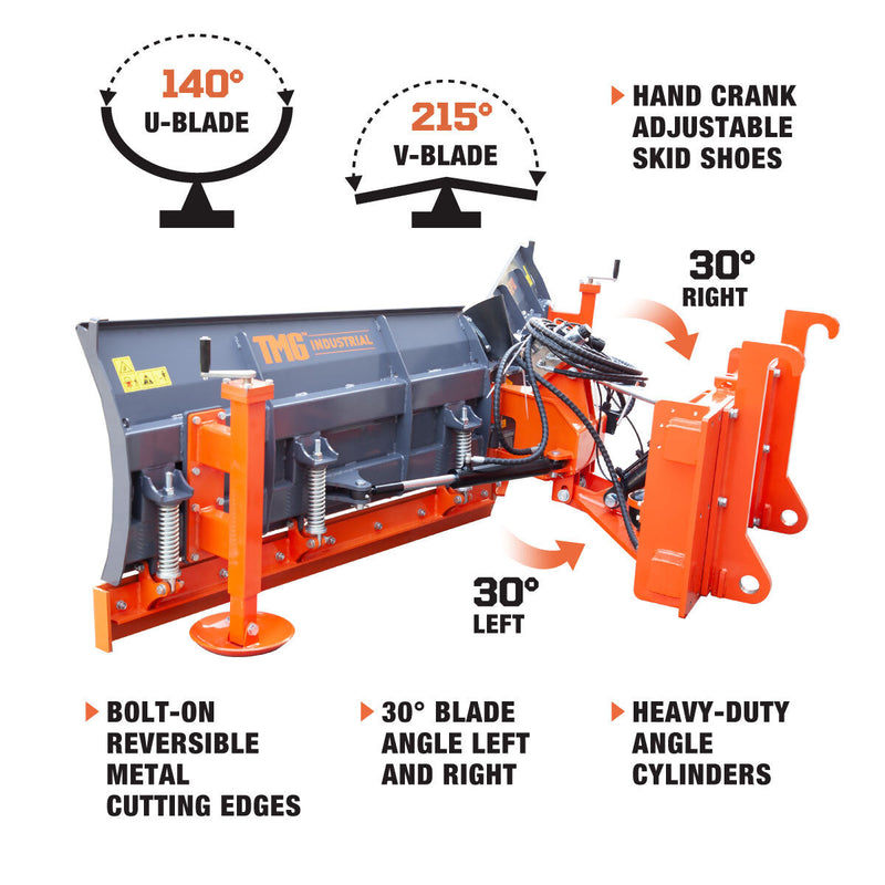 TMG Industrial Heavy-Duty 10’ U/V Angle Blade Snowplow with Metal Edges - Versatile 6 Position Adjustments, Accumulator & Solenoid Valve for Optimal Performance, Quick-Change Lugging Compatible with 40-90 HP Tractors - Model TMG-SP10X