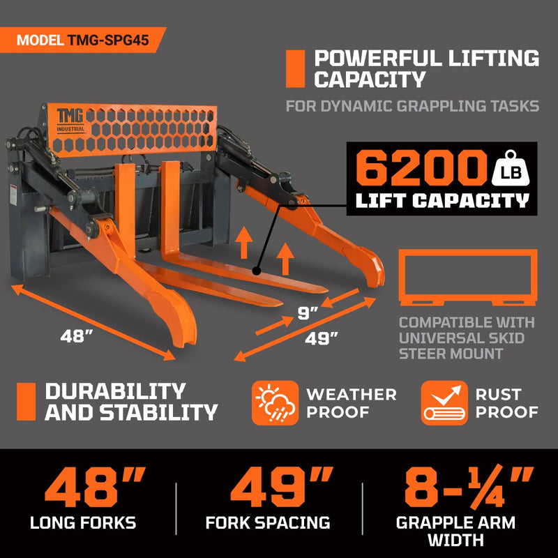 Elevate Your Heavy-Duty Tasks with the TMG Industrial 48” Two-Cylinder Pallet Fork Pipe Grapple – 6200-lb Lift Capacity, ITA Class III Forged Tines, Perfect for Skid Steer Mounting, Model TMG-SPG45