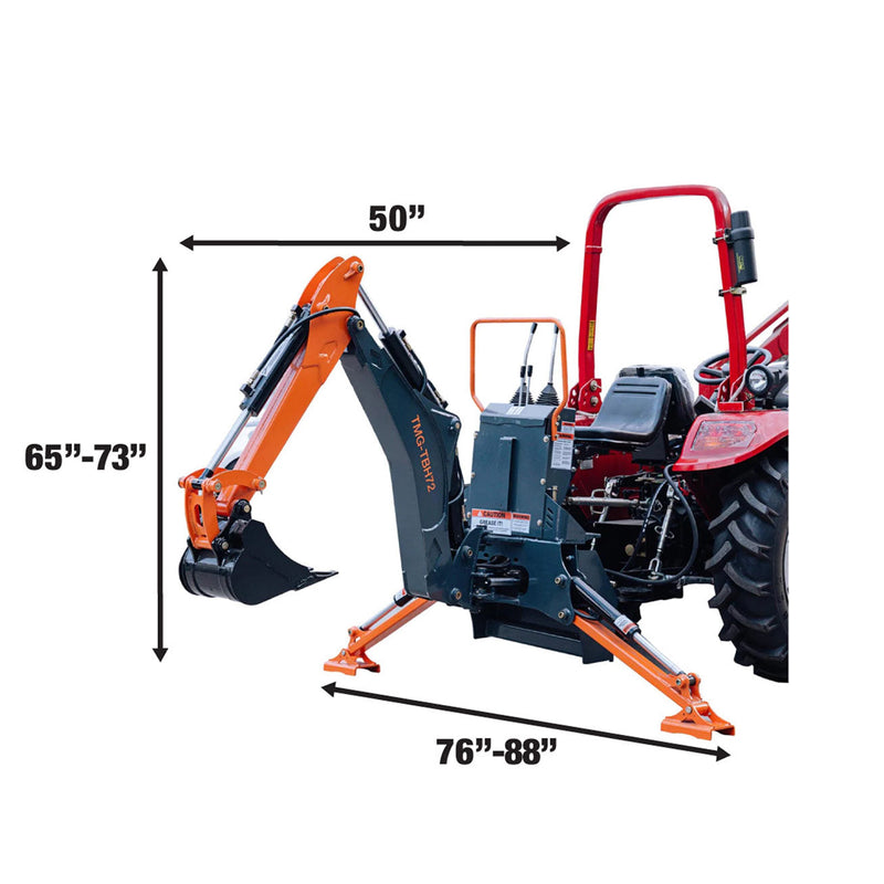 Elevate Your Tractor's Capabilities with the TMG Industrial 6-Foot 3-Point Hitch Swing Backhoe Attachment – Complete with 12” Bucket, Ideal for 20-65 HP Tractors, 114” Maximum Reach, Compatible with Category 1 & 2 Hookups, Model TMG-TBH72