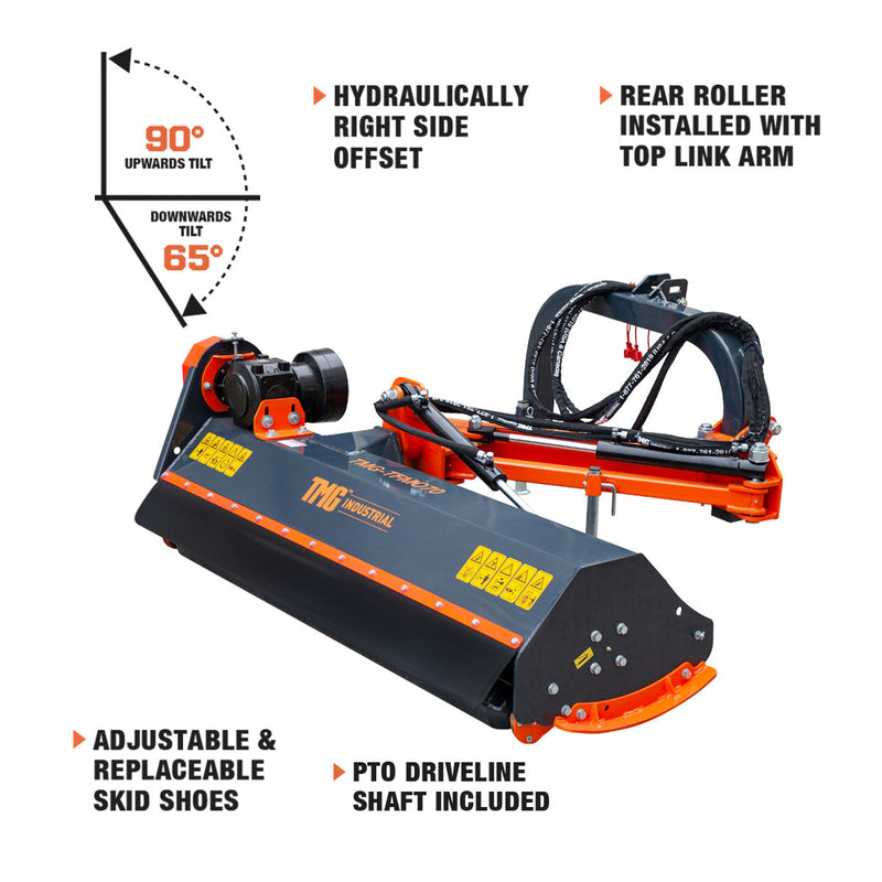 TMG Industrial 70” Heavy-Duty Offset Flail Mower with 90° Tilt – Perfect for 30-60 HP Tractors, 3-Point Hitch, and PTO Drive Shaft – Model TMG-TFMO70