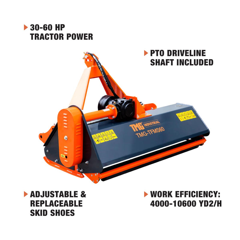 TMG Industrial 60” Side Shift Offset Flail Mower - Perfect for 30-60 HP Tractors with 3-Point Hitch & PTO Drive Shafts (Model: TMG-TFMS60)