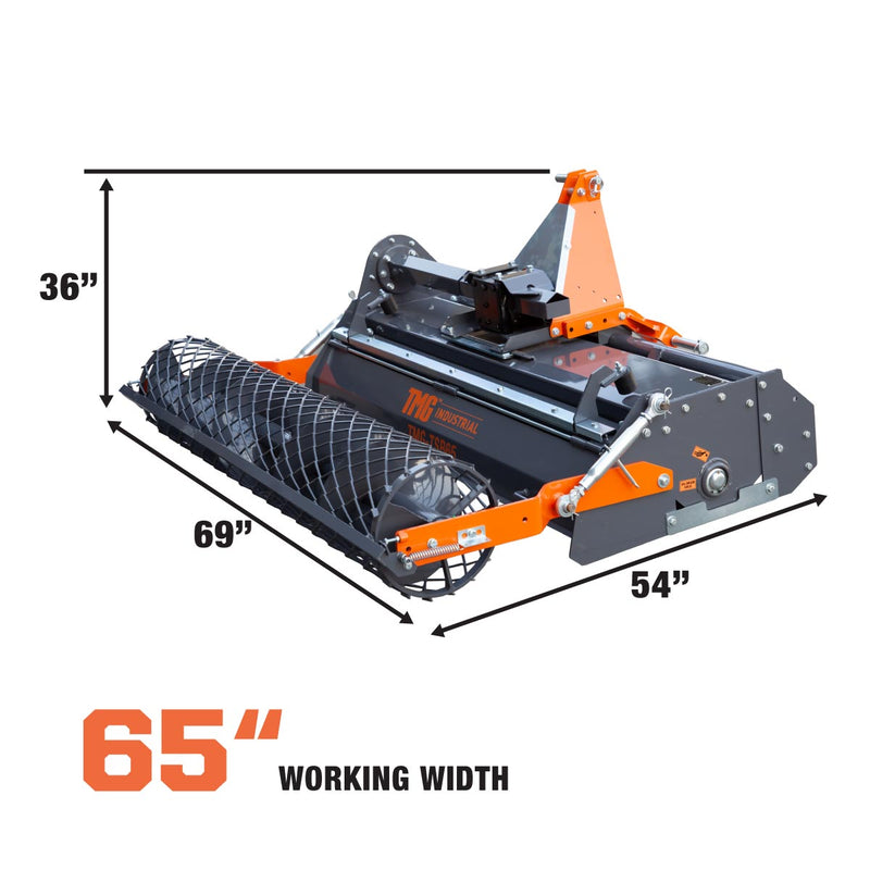 Transform Your Soil with the TMG Industrial 65" Stone Burier Rotary Tiller – Perfect for 35-60 HP Tractors! Easy 3-Point Hitch Attachment, PTO Shaft Included, and Capable of Handling 2-1/2" Stones! TMG-TSB65