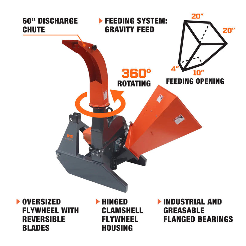 Experience Powerful Chipping with the TMG Industrial Sub Compact 3-Point Wood Chipper – 4" Capacity, Perfect for 30-50 HP Tractors, Includes PTO Shaft!