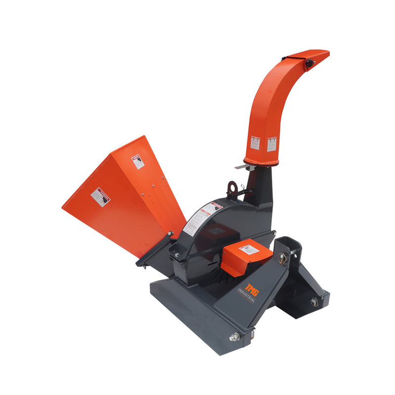 Experience Powerful Chipping with the TMG Industrial Sub Compact 3-Point Wood Chipper – 4" Capacity, Perfect for 30-50 HP Tractors, Includes PTO Shaft!