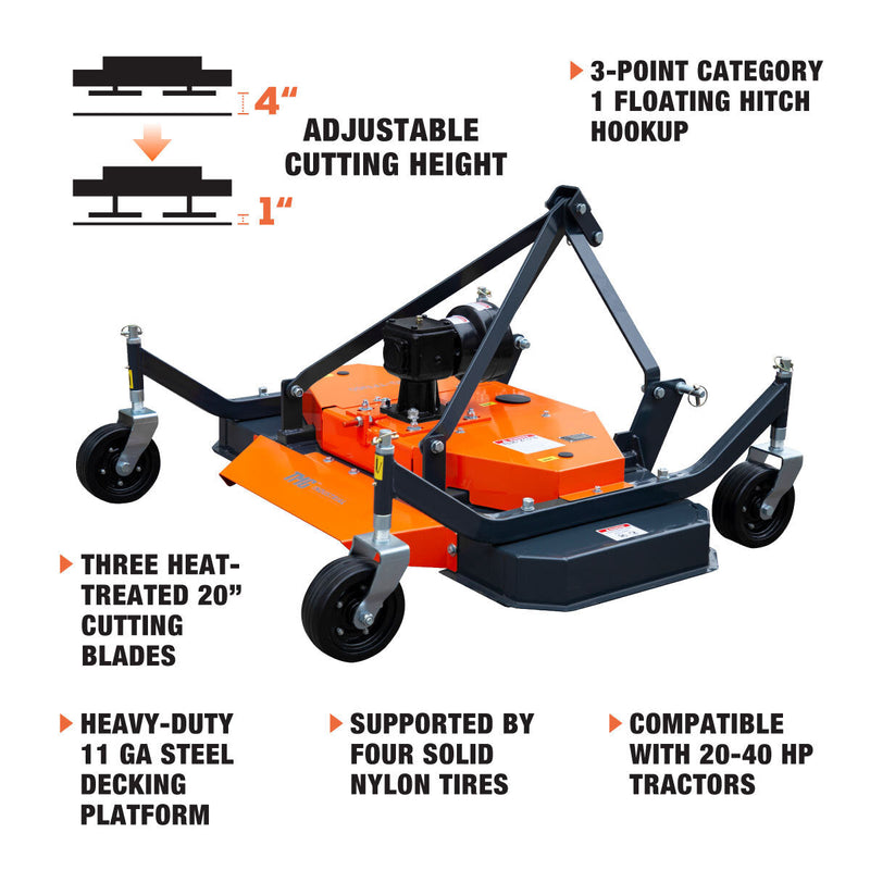 TMG Industrial 60" Tow-Behind Finish Mower for 20-40 HP Compact Tractors - Complete with PTO Drive Shaft, Model TMG-TFN60